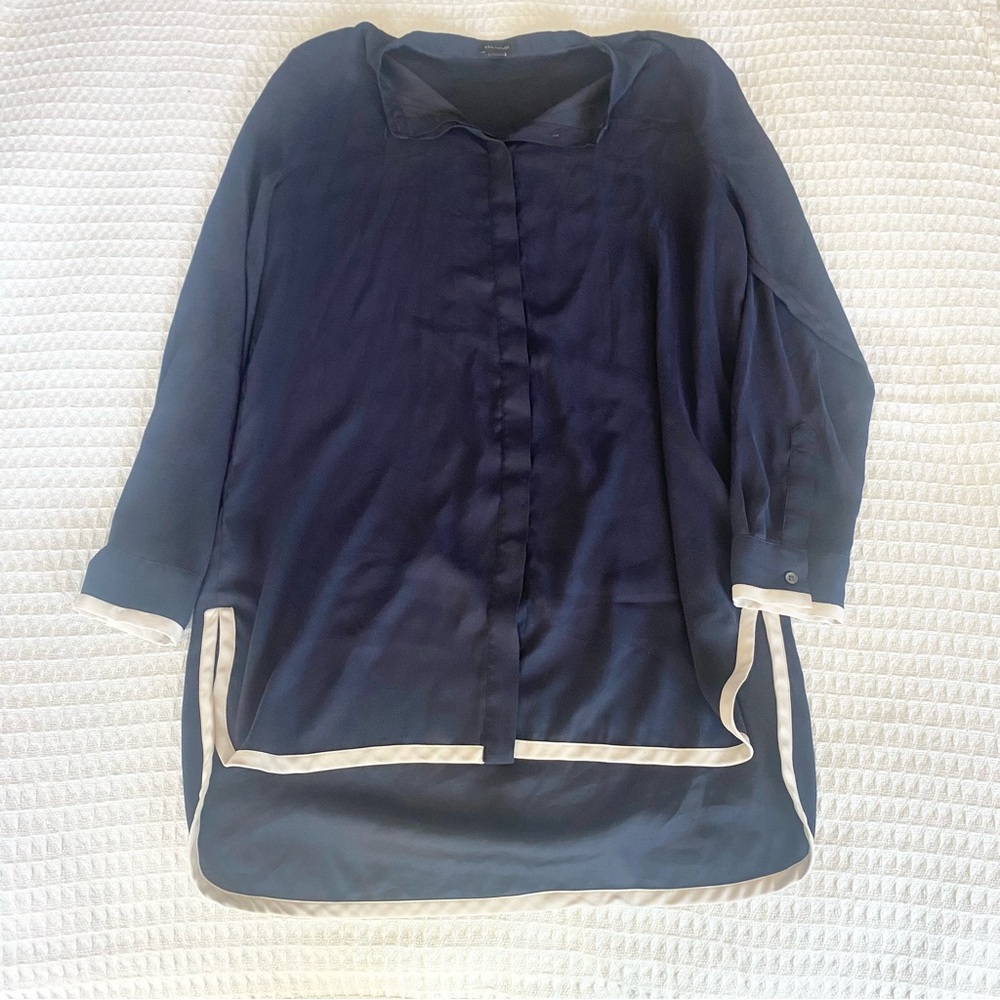 Ann Taylor Navy Button Down Shirt with White Accents medium